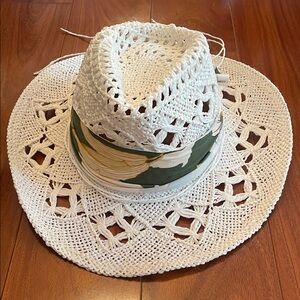 White Crochet Sun Hat with Green and Yellow Band
